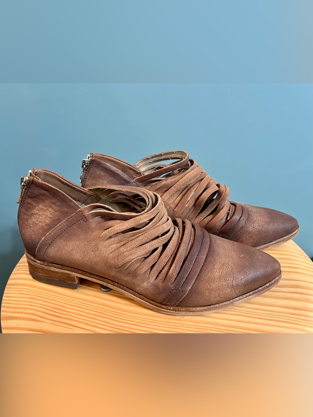 Free People Brown Leather Strappy Ankle Booties Zip EU 39 US 8.5